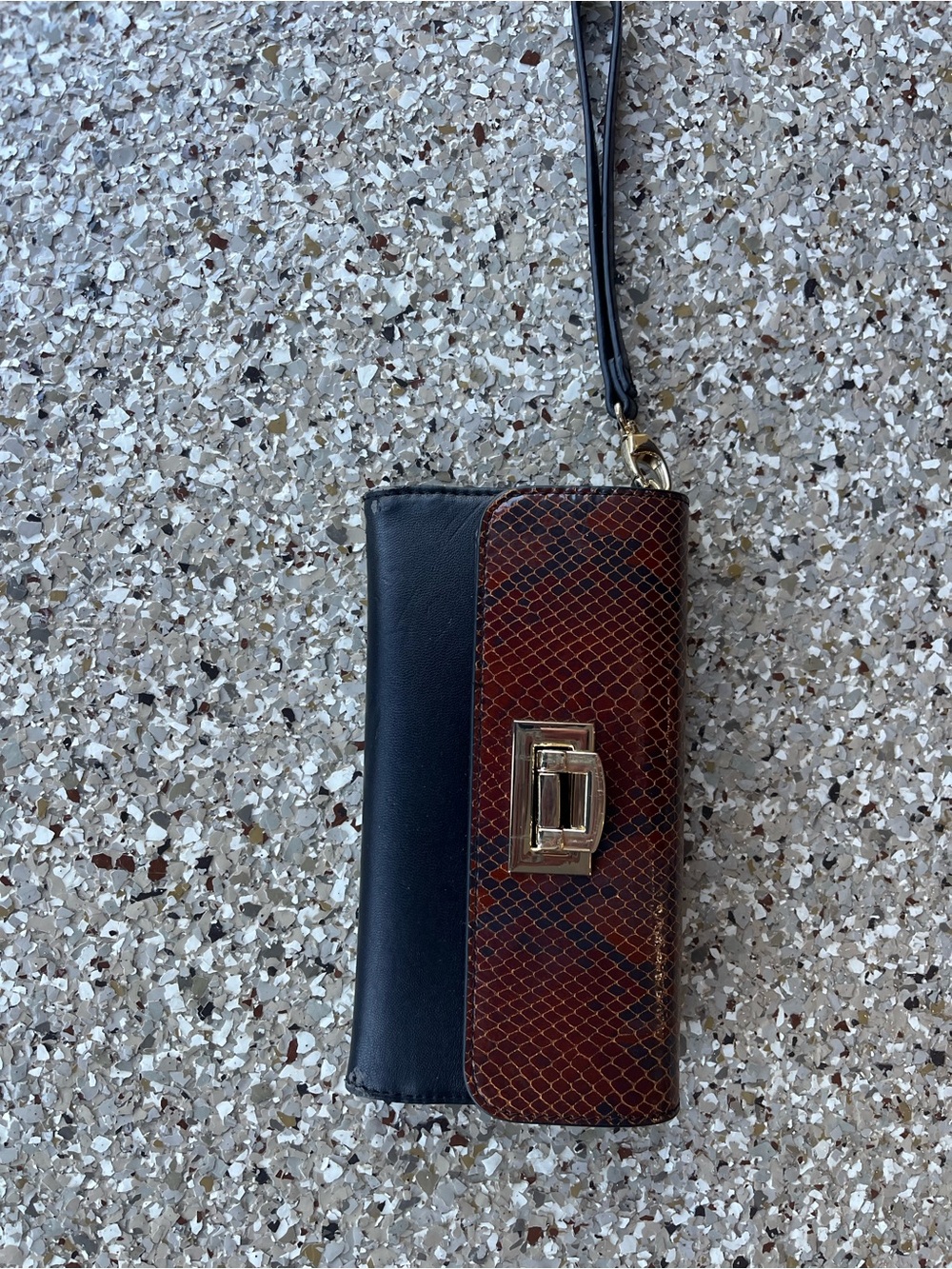 WHBM Black and Brown Snakeskin Leather Trim Wristlet Clutch